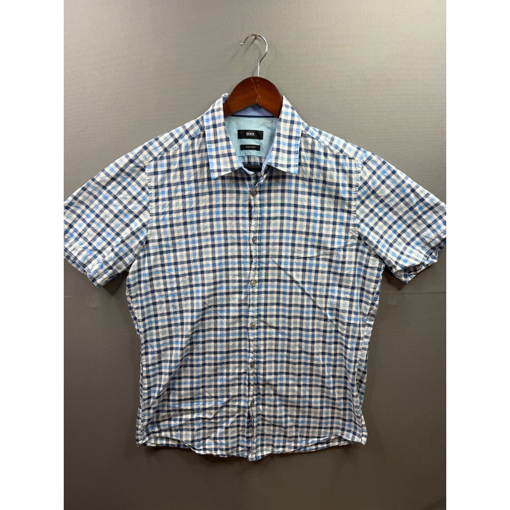 HUGO BOSS Button Down Shirt Mens Blue Plaid Regular Fit‎ Short Sleeve Medium